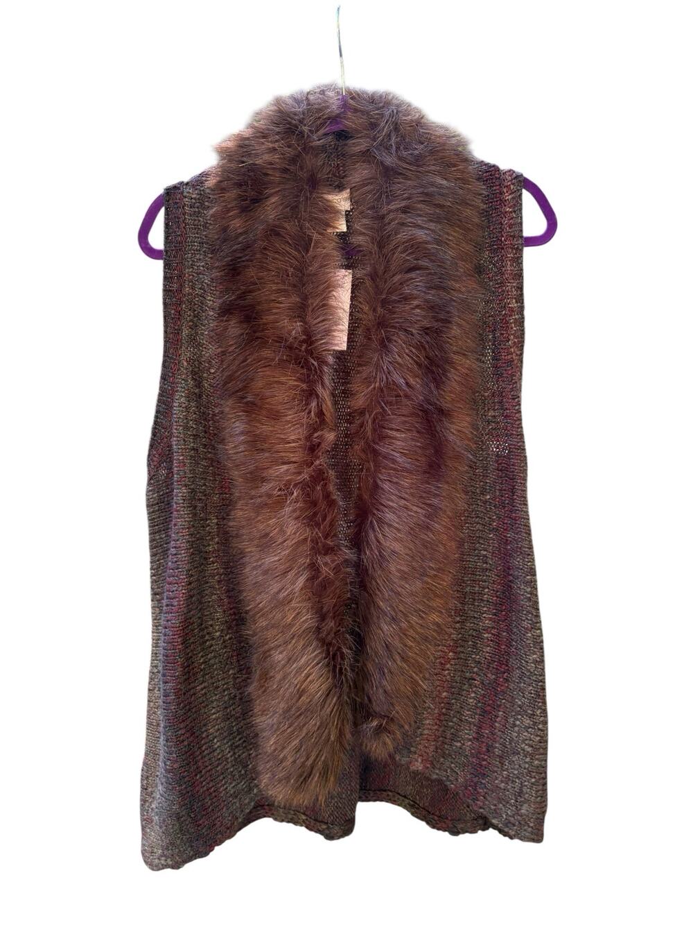 Chico's Women's Size .2 Faux Fur Collar L Brown Tan Tones Cardigan Sweater (NEW)